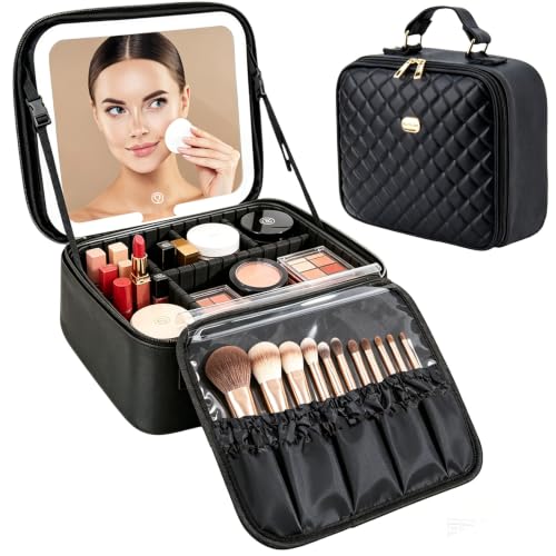 Travel Makeup Bag with LED Mirror, Travel Makeup Organizer，Three-level Adjustable Brightness, Makeup Bag with Removable Lighted Mirror, Adjustable Dividers and Brush Storage Board
