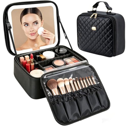 Travel Makeup Bag with LED Mirror, Travel Makeup Organizer，Three-level Adjustable Brightness, Makeup Bag with Removable Lighted Mirror, Adjustable Dividers and Brush Storage Board