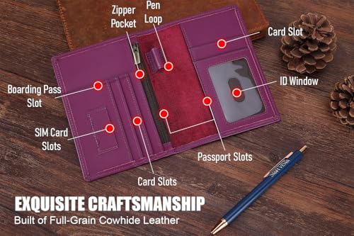 STAR VISTA Phoenix Leather Passport Holder, Calfskin Travel Wallet - RFID Blocking, ID Window, Zipper Pocket, Pen & Notebook Included, Violet - color: Purple B