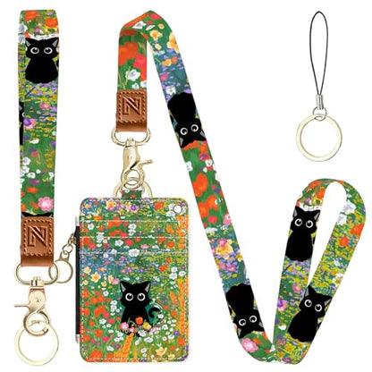 2-in-1 ID Badge Holder & Lanyard Wallet，Cute Zippered Pouch Cat Flowers 2 - color: Cat Hidden Among the Flowers 2