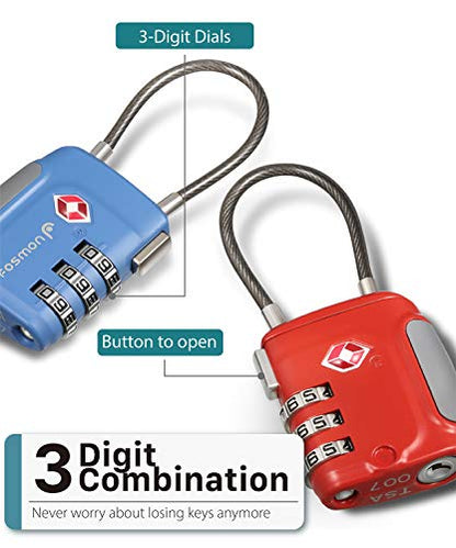 Fosmon TSA Approved Luggage Locks, Cable Suitcase Travel Lock, 3 Digit Long Shackle Combination Padlock, Wire Lock for Gym Locker, Backpack Anti Theft - style: 4 Pack - Multicolor