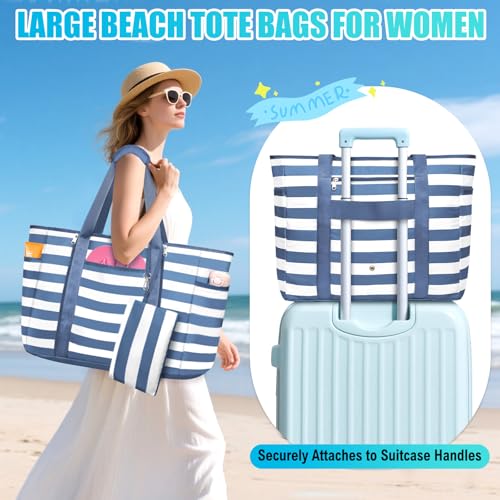Extra Large Beach Bags for Women Waterproof Sandproof Beach Tote Bag - color: Gray Blue and White