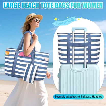 Extra Large Beach Bags for Women Waterproof Sandproof Beach Tote Bag - color: Gray Blue and White