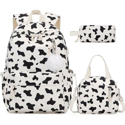 ACESAK 3PCS Corduroy Girls Backpack w/Lunch Box & Pencil Bag (Cow Print) - color: Milk Cow