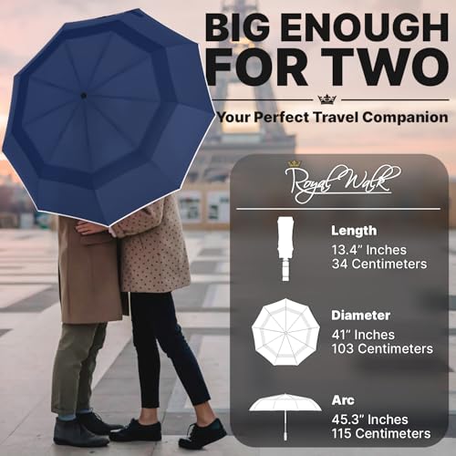 Royal Walk Compact Travel Umbrella for Rain, Windproof, Small & Portable - color: Dark Blue