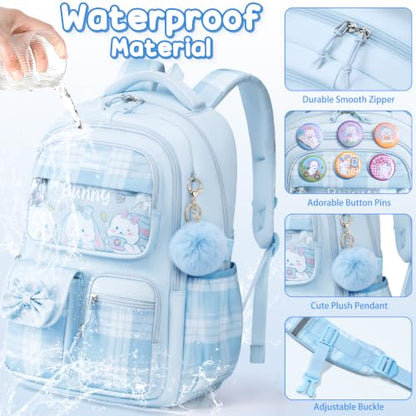 Fimibuke 9PCS Blue Bunny Girls Backpack for School w/Lunch Box Pencil Case - color: Blue Bunny