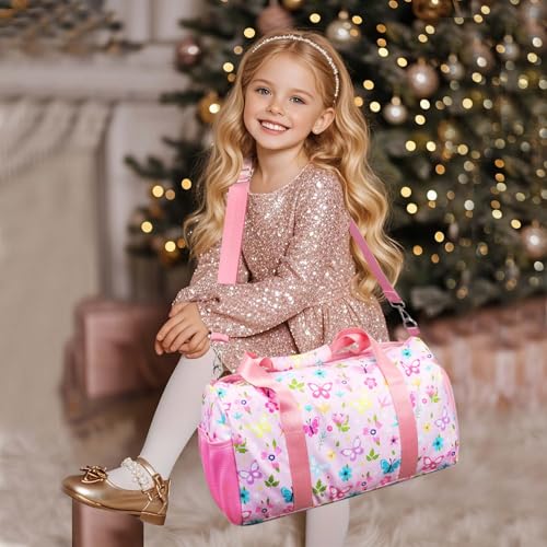 Gym Travel Duffle Bag for Girls - Gymnastics Sports Dance Bag with Shoe Compartment & Wet Pocket Starry Sky Kids Travel Bag Teens Weekender Sleepover Carry On Bag - color: Pink Butterfly
