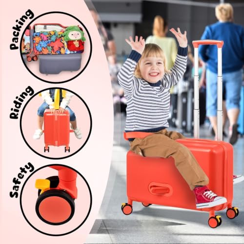 20in Rideable Suitcase with Wheels, Kids Suitcase Travel Carrier Cabin Case - color: Cuckoo red