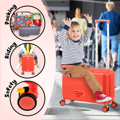 20in Rideable Suitcase with Wheels, Kids Suitcase Travel Carrier Cabin Case - color: Cuckoo red