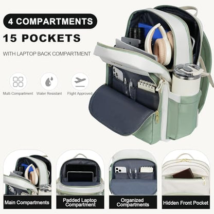 VANKEAN 15.6 Inch Laptop Backpack for Women Large Capacity - color: Beige Light Green, size: 15.6 Inch