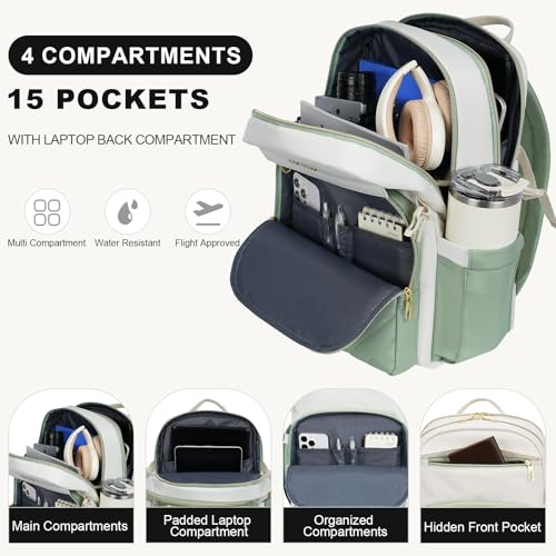 VANKEAN 15.6 Inch Laptop Backpack for Women Large Capacity - color: Beige Light Green, size: 15.6 Inch