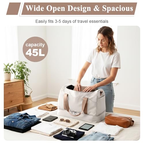Large Travel Duffle Bag,Carry-on Overnight Weekender Bags for Women - color: Beige & Brown with Toiletry Bag