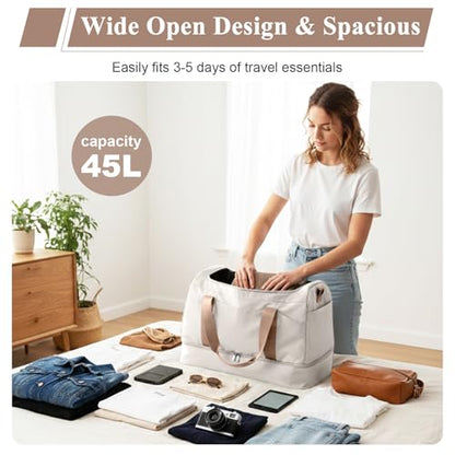 Large Travel Duffle Bag,Carry-on Overnight Weekender Bags for Women - color: Beige & Brown with Toiletry Bag