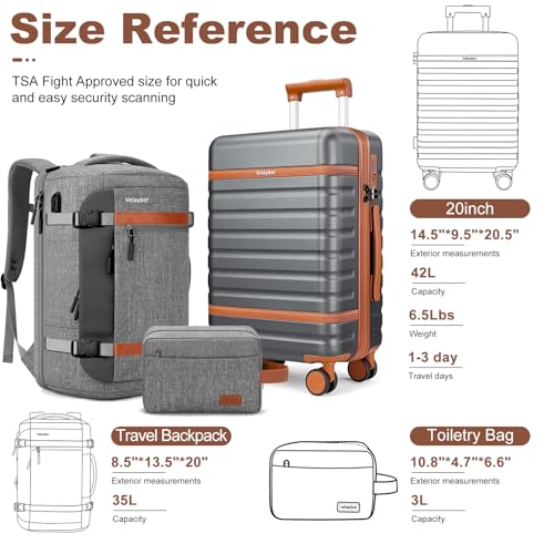 20" Carry On Luggage Set 3 Piece With Travel Backpack, YKK Zippers - color: Grey, size: 3 Piece Set (20inch)