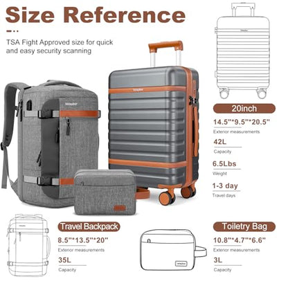 20" Carry On Luggage Set 3 Piece With Travel Backpack, YKK Zippers - color: Grey, size: 3 Piece Set (20inch)
