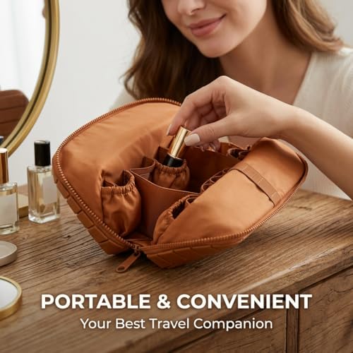 Travel Makeup Organizer Bag with Fold-Down Design, Adjustable Dividers, 27 Pockets & 3 Brush Holders, Large Capacity Cosmetic and Toiletry Organizer (Brown) - color: Brown