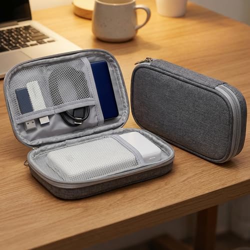 Cable Organizer Bags & Cases, Digital Product Storage Bag, Double-Layer Small Size with Elastic Straps and Grid Compartments, Tech Travel Organizer for Cables, Power Bank, SD Card, Phone, Gray