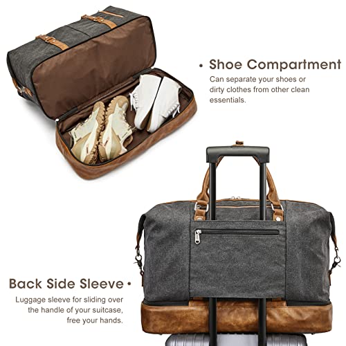 S-ZONE Weekender Bag for Men Canvas Duffle Large Weekend Overnight Travel Carry On Tote Bag with Shoe Compartment Black | Anti-wrinkle Canvas,Adjustable Shoulder Strap,1 Main Compartment and 7 Pockets,with Shoe Compartment - color: B-Black