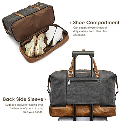 S-ZONE Weekender Bag for Men Canvas Duffle Large Weekend Overnight Travel Carry On Tote Bag with Shoe Compartment Black | Anti-wrinkle Canvas,Adjustable Shoulder Strap,1 Main Compartment and 7 Pockets,with Shoe Compartment - color: B-Black