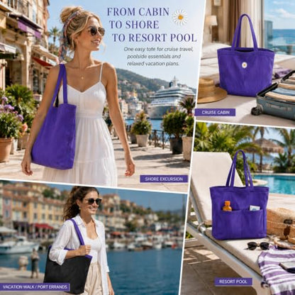 Purple Black Packable Tote Bag for Women with Pockets, Everyday Tote Bag