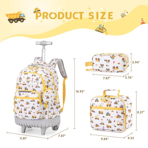 3 PCS Truck Rolling Backpack for Boys Girls with Lunch Bag - color: Grey Truck