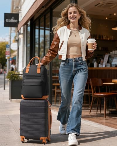 LONG VACATION Luggage Sets with Spinner Wheels, Carry on Suitcase 3 Piece - color: BLACK-BROWN, size: 3 piece set(BP)