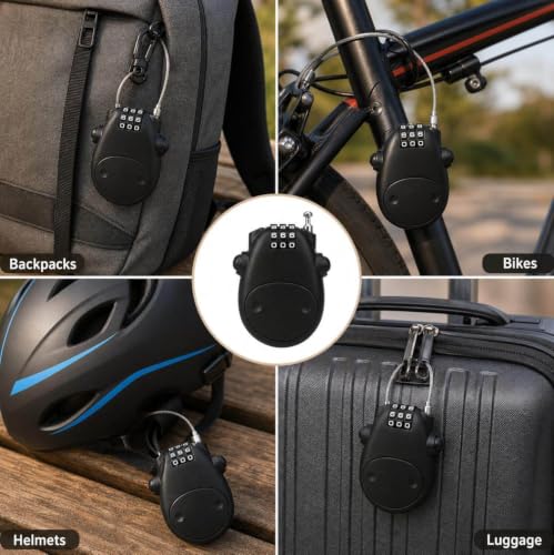 Retractable Cable Lock, 3-Digit Combination Lock with 3 Feet Retractable Steel Cable, Luggage Stroller Locks for, Bike, Ski, Helmets, Backpacks