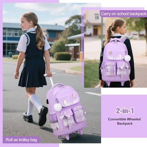 ACESAK Rolling Bow Backpack for Girls with Lunch Bag & Pencil Pouch - color: Purple