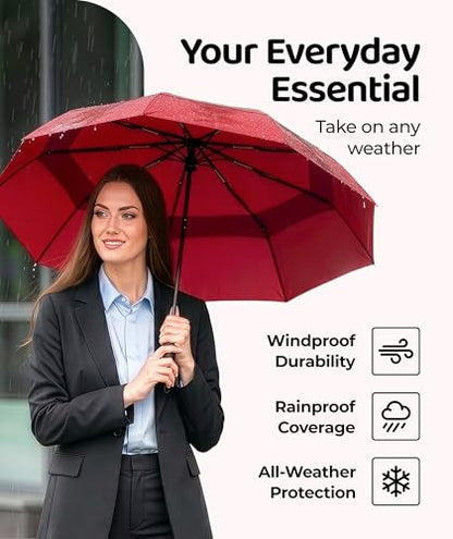 Windproof Travel Umbrella - Compact & Withstands Winds up to 100MPH, Strongest Premium Auto Folding Umbrella for Rain and Sun - Durable, Light & Portable for Women & Men, Fits Backpack & Cars - color: 10. Red