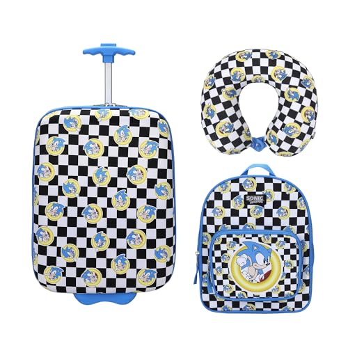 Bioworld Sonic the Hedgehog Kids' 3-Piece Travel Set With Luggage, Backpack, and Neck Pillow - color: Sonic the Hedgehog Blue