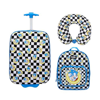 Bioworld Sonic the Hedgehog Kids' 3-Piece Travel Set With Luggage, Backpack, and Neck Pillow - color: Sonic the Hedgehog Blue