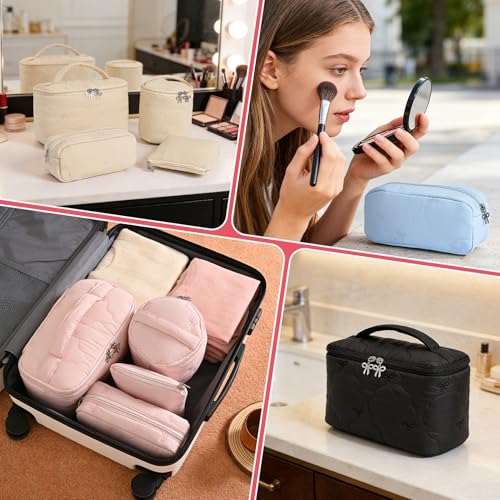 AMDAILY 4Pcs Quilted Makeup Bag Set, Bowknot Puffy Makeup Bag w/Bow Zipper - color: Black