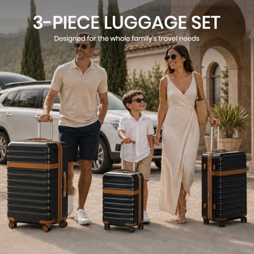 Kono 3-Piece Luggage Set 20/24/28in Expandable Hardside TSA Lock Black - color: Black/Brown, size: 3-piece set (20/24/28)