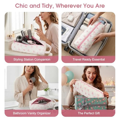 Quilted Hair Tools Travel Bag Compatible with Dyson Airwrap Shark FlexStyle - color: Pink Bow