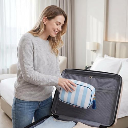 Preppy Striped Makeup Bag for Women, Structured Travel Cosmetic Pouch with Protective Sponge Padding, Large Canvas Toiletry Organizer with Tassel Zipper for Daily Purse(Blue White) - color: Blue White