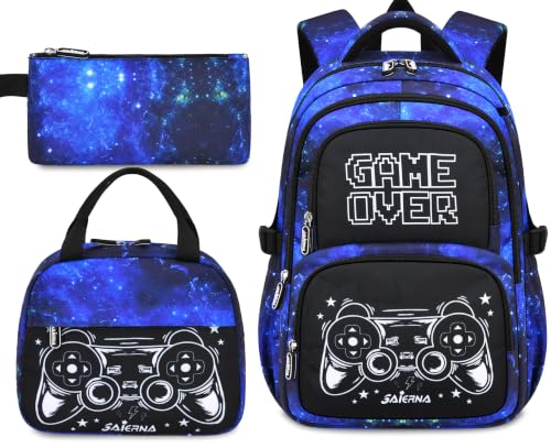 Boys Backpack Set 3PCS Ages 6-12, Kids School Backpack - color: Gamer Starry Blue