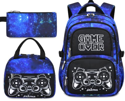 Boys Backpack Set 3PCS Ages 6-12, Kids School Backpack - color: Gamer Starry Blue