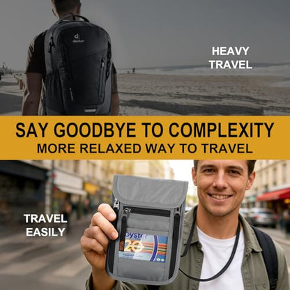 Neck Wallet for Travel-Passport Holder-Money Pouch-RFID Blocking - color: Grey