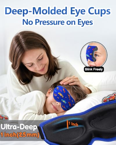 BeeVines Kids 3D Contoured Sleep Mask, 100% Blackout Sleeping Eye Masks for Boys, Pressure-free Memory Foam Cushioned Eye Cover, Adjustable Strap, for Travel Gifts (Racing Car)