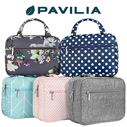 PAVILIA Hanging Toiletry Bag for Women, Portable Makeup Organizer, Navy Dot - color: Navy Polka Dot