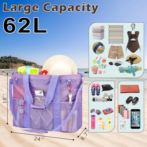 Fammart Large Mesh Beach Bag for Women, Oversized Beach tote Swim Pool Bag - color: Oversized, Purple, size: Extra-Large