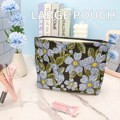 Flat Makeup Bag for Women,Zipper Cosmetic Pouch Purse,Brocade Flower Black - color: Brocade Flower Black