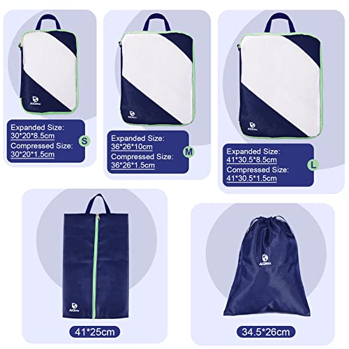 AiQInu Packing Cubes Compression, Pack of 5 Packing Bags, Compression Suitcase Organiser Set with Laundry Bag and Shoe Bag, Ultralight, Expandable, Travel Pack Organiser for Hand Luggage (Dark Blue) - color: Darkblue