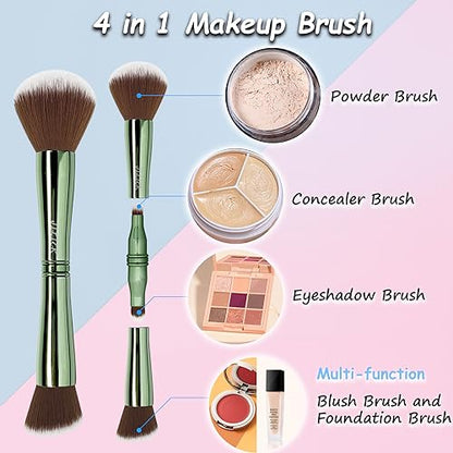 Jilier Travel Makeup Brushes with Case, 4 in 1 Makeup Brush Set, Powder Brush, Foundation Brush/Blush Brush, Eyeshadow Brush, Concealer Brush, Double Ended Makeup Brush Ideal for Liquid, Cream, Powder - style: green-plastic case