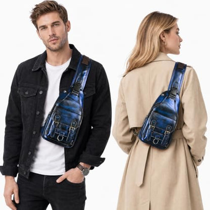 Genuine Leather Hiking Travel DayPack Sling Crossbody Triangle Chest Pack Bag For Men Women 8241 (D-258204 Blue) - color: D-258204 Blue