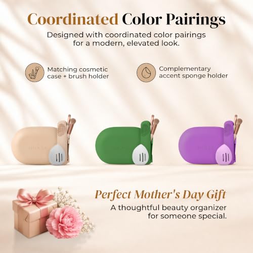 Silicone Makeup Bag Set - Cosmetic Pouch, Brush Holder, Beauty Sponge Case - color: Green