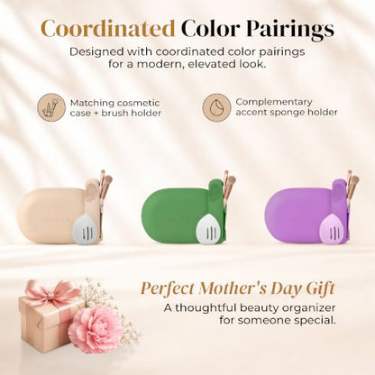 Silicone Makeup Bag Set - Cosmetic Pouch, Brush Holder, Beauty Sponge Case - color: Green
