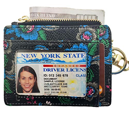 woogwin Slim RFID Credit Card Holder for Women Mini Front Pocket Wallet Purse With Keychain - color: FlowerBlack