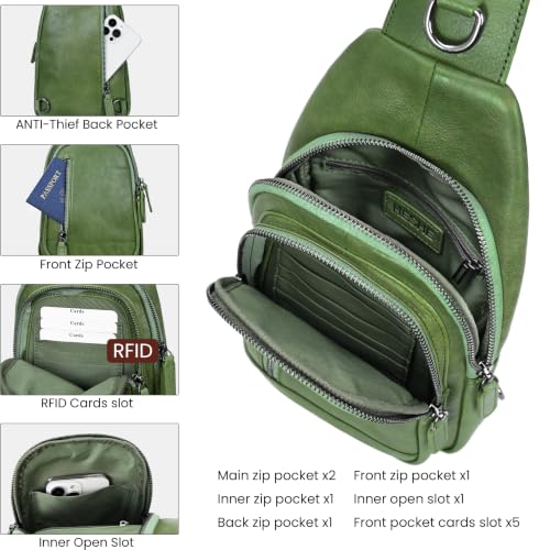HESHE Leather Sling Bag for Women RFID Crossbody Purse Fanny Pack Chest Bag - color: Grass Green