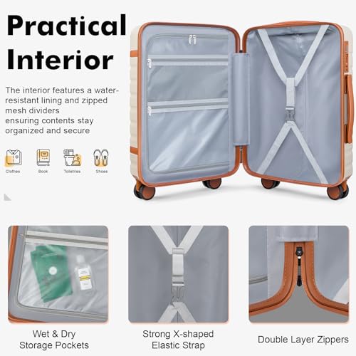 20" Carry On Luggage Set 3 Piece With Travel Backpack, YKK Zippers - color: Beige, size: 3 Piece Set (20inch)